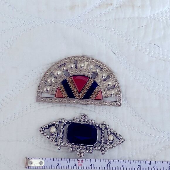 VINTAGE | Art Deco Brooch Pin Lapel Silver Enamel 30s 40s 50s - Set of 2 - Picture 5 of 6